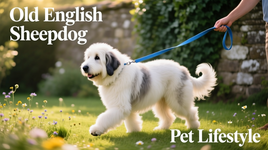 old english sheepdog on a blue leash