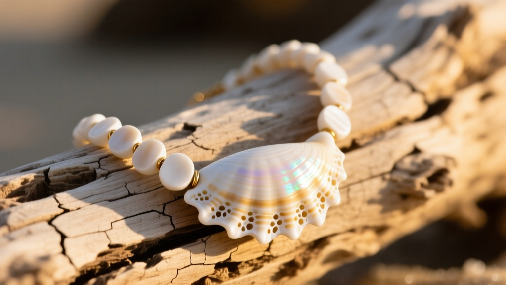 Close-up of a 22mm natural white puka shell necklace with irregular edges resting on sun-bleached driftwood in warm golden light.