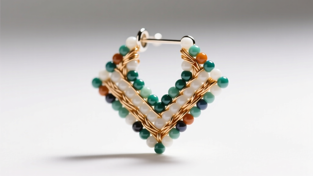 Macro shot of right-angle weave beaded earring using 6lb FireLine thread and size 11 Miyuki seed beads under bright studio lighting