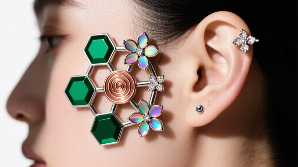 Side profile of a curated ear constellation featuring mixed geometric and floral patterned titanium studs in varying gauge sizes.