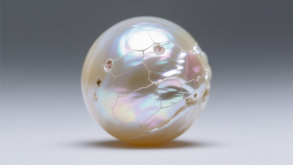 Macro shot of a vintage Akoya pearl revealing subtle surface blemishes and thick nacre under bright, directional studio lighting.