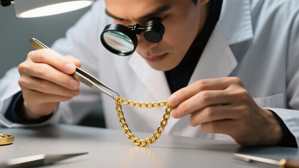 Jeweler using tweezers and a loupe to inspect a bent crossbar on a 3mm solid gold marine chain under bright bench lighting