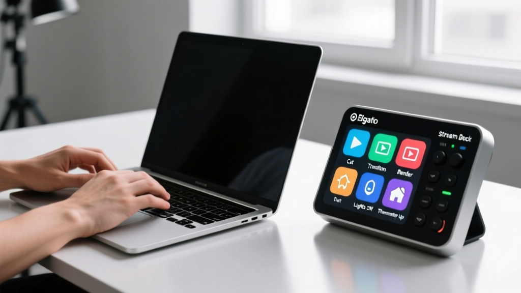 Hands typing on a laptop next to an Elgato Stream Deck Neo displaying custom macro icons for video editing and smart home control