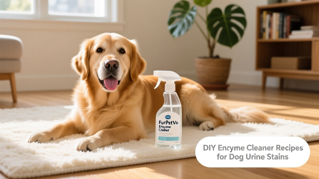 Happy dog resting on freshly cleaned rug, with spray bottle labeled 'FurPetVo Enzyme Cleaner' nearby