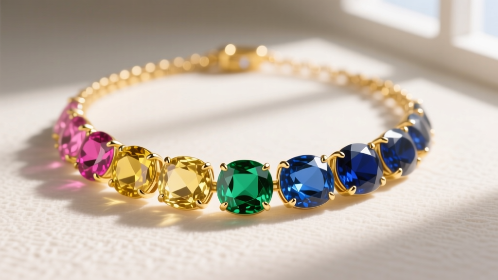 Close-up of a graduated sapphire rainbow necklace with vivid pink, yellow, green, and blue oval stones set in 18k yellow gold.