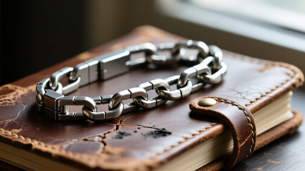 Macro shot of a titanium box chain resting on a weathered leather travel journal, highlighting the precise pulse arc welded seams