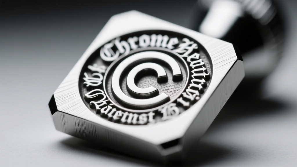 Macro photography of a genuine Chrome Hearts hallmark stamp showing the copyright symbol and deep hand-engraved silver texture.