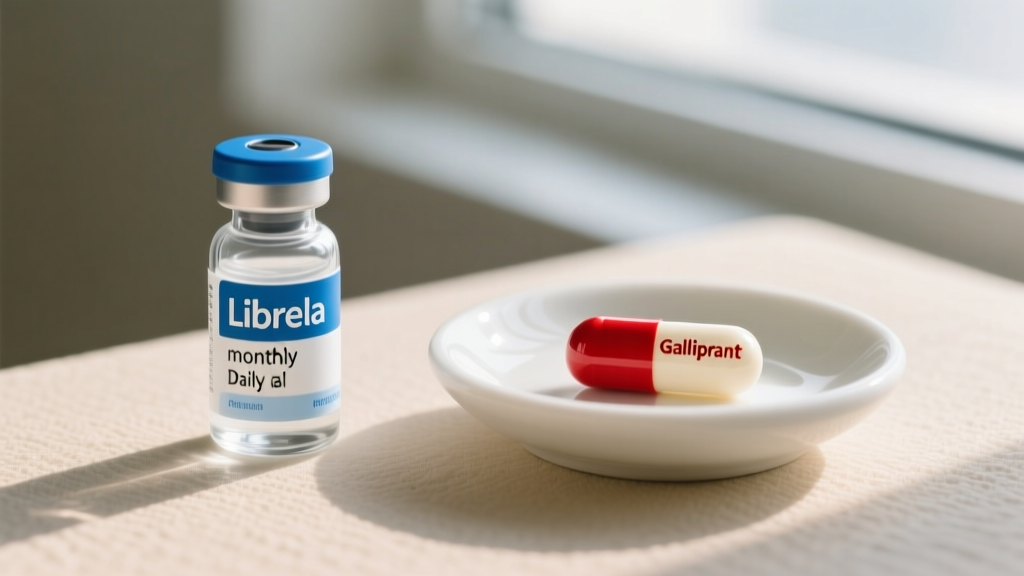 Side-by-side visual comparison of a Librela monthly injection vial and a Galliprant daily oral tablet