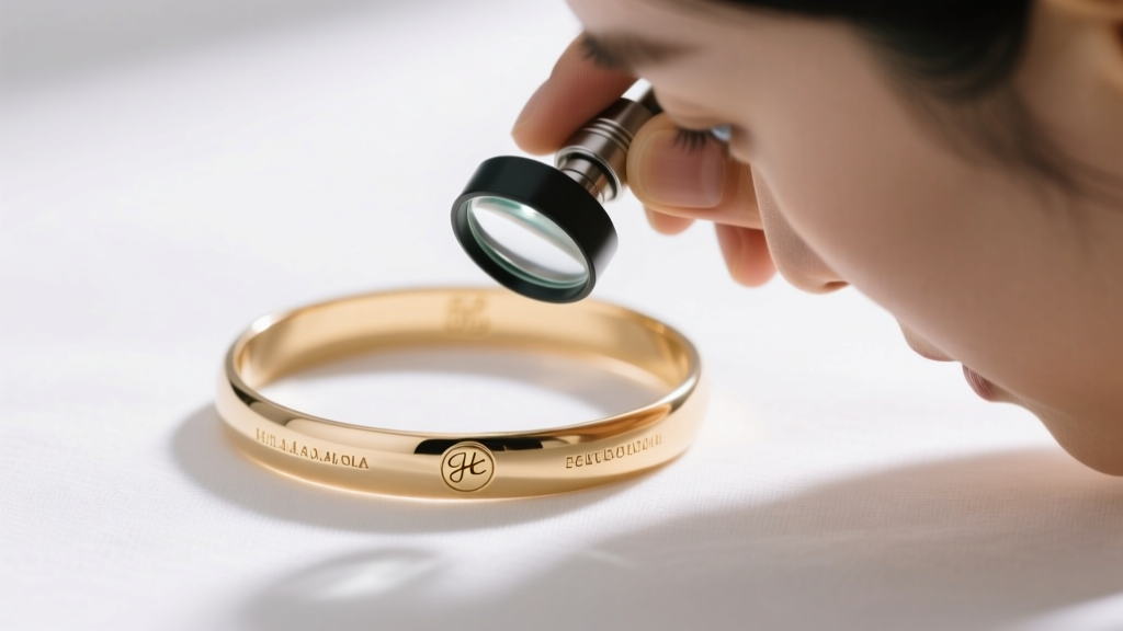 Jeweler inspecting a hallmark inside a pale gold bracelet with a loupe under bright light to verify the specific metal alloy purity.