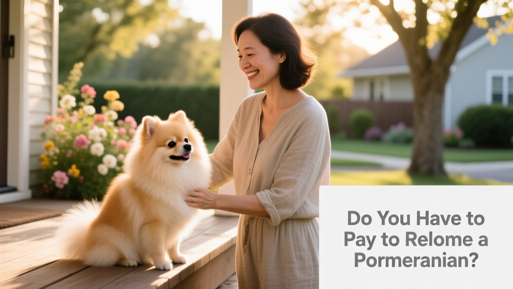 A gentle, well-groomed Pomeranian sitting calmly beside a smiling adult, symbolizing trust and safe transition