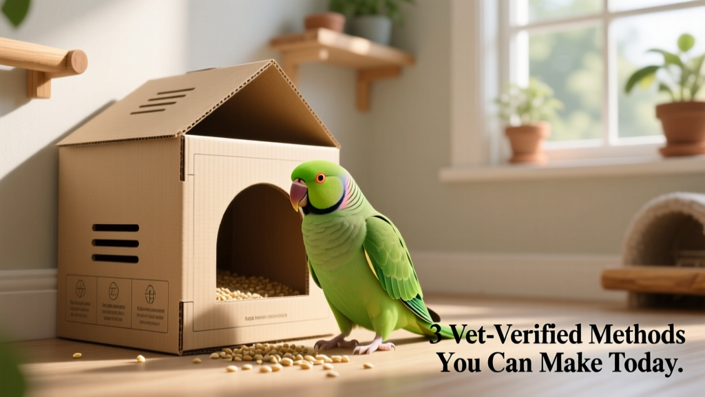 A parakeet perched beside a clean, lined cardboard nesting box inside a quiet corner of a home aviary