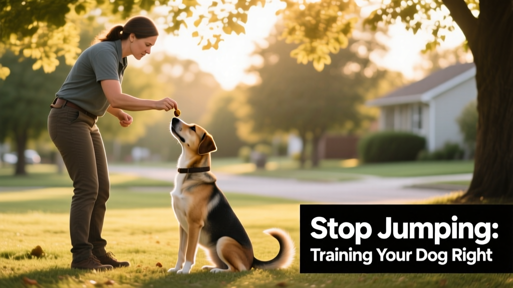 A trainer calmly guiding a dog into a sit position using a treat lure, with the dog focused and relaxed, no jumping in sight