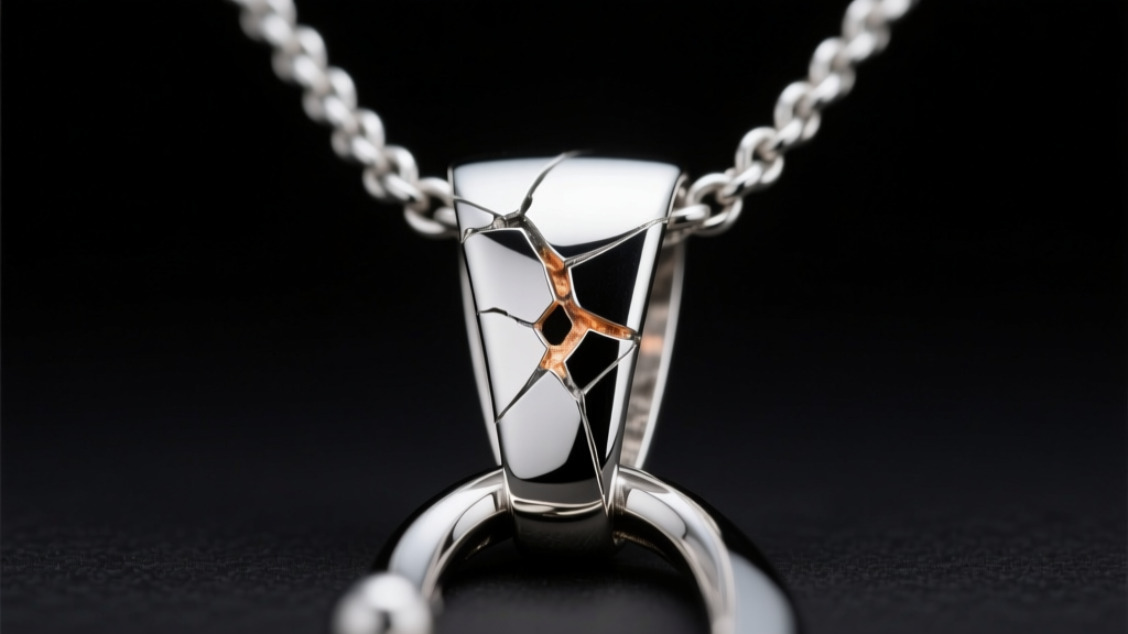 Extreme close-up of a sterling silver necklace bail with a cracked solder joint, illuminated by a harsh directional jeweler lamp.