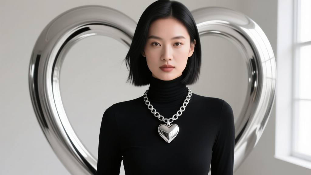 Woman wearing a chunky silver heart necklace over a black turtleneck, highlighting polished metal contrast and bold pendant scale