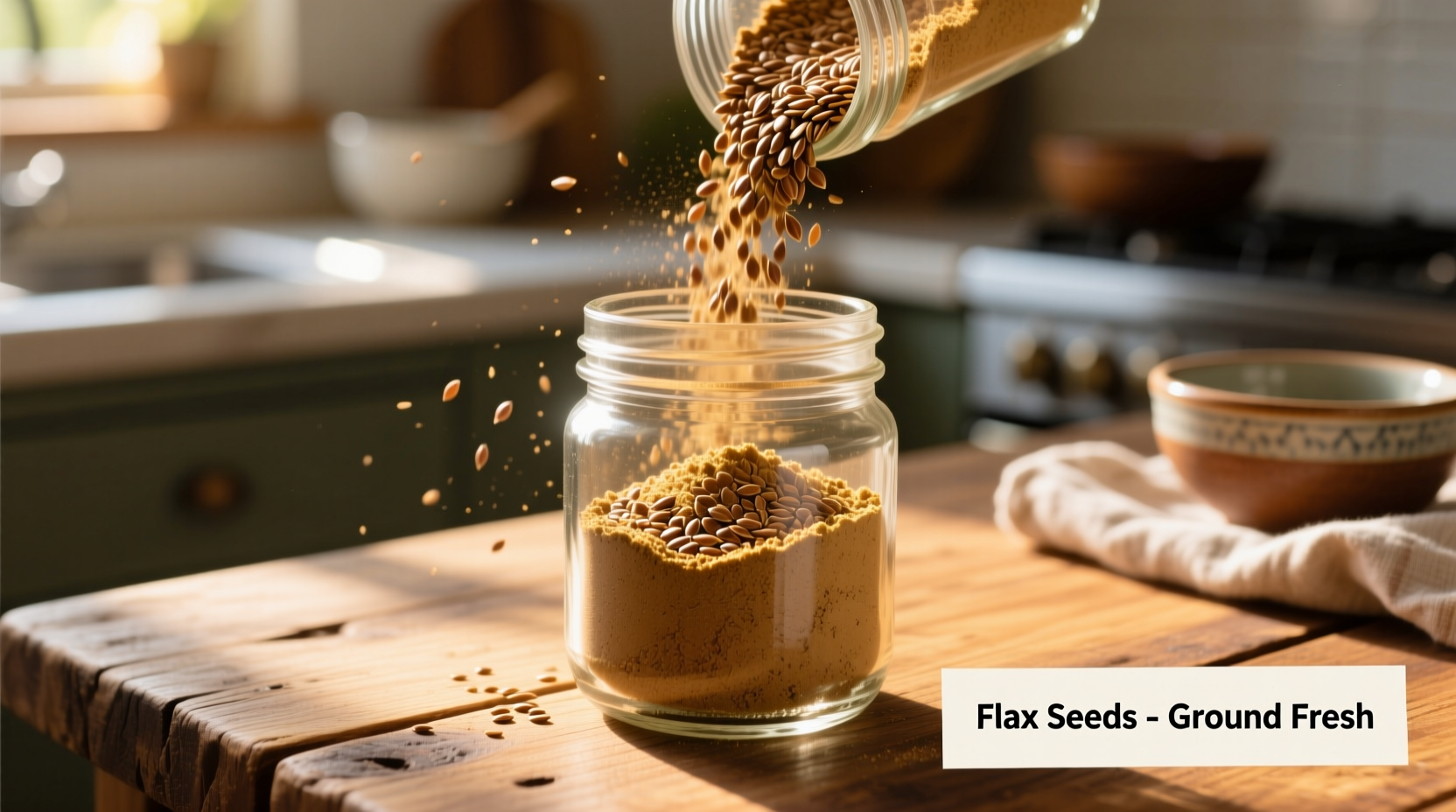 Freshly ground flax seeds in a glass jar