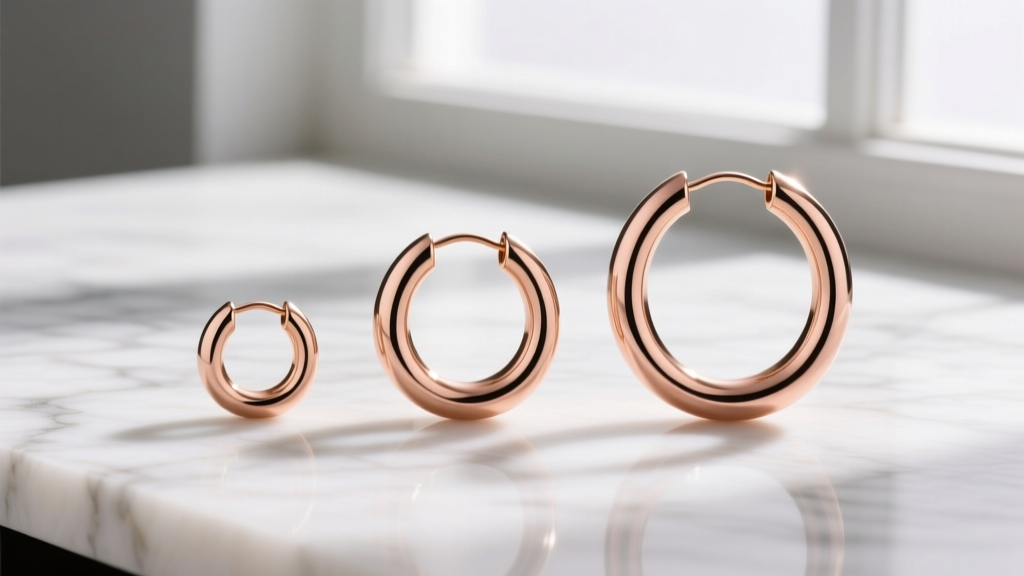 Flat lay of three classic round hoop earrings in rose gold on marble, showing 20mm, 40mm, and 60mm diameters under soft light.