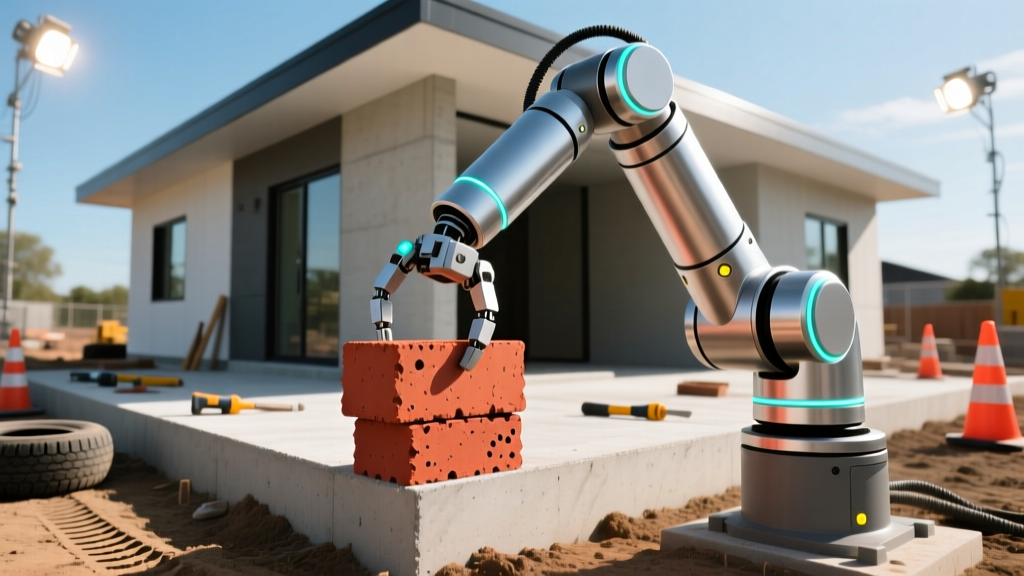 Robotic arm placing junior-format red clay bricks on an accessory dwelling unit foundation under bright construction site lights