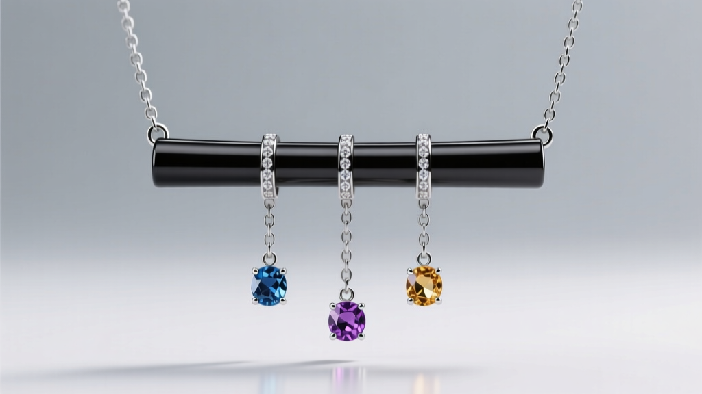 Close-up of a matte black metal T-bar jewelry necklace display holding three delicate silver chains with small gemstone pendants.