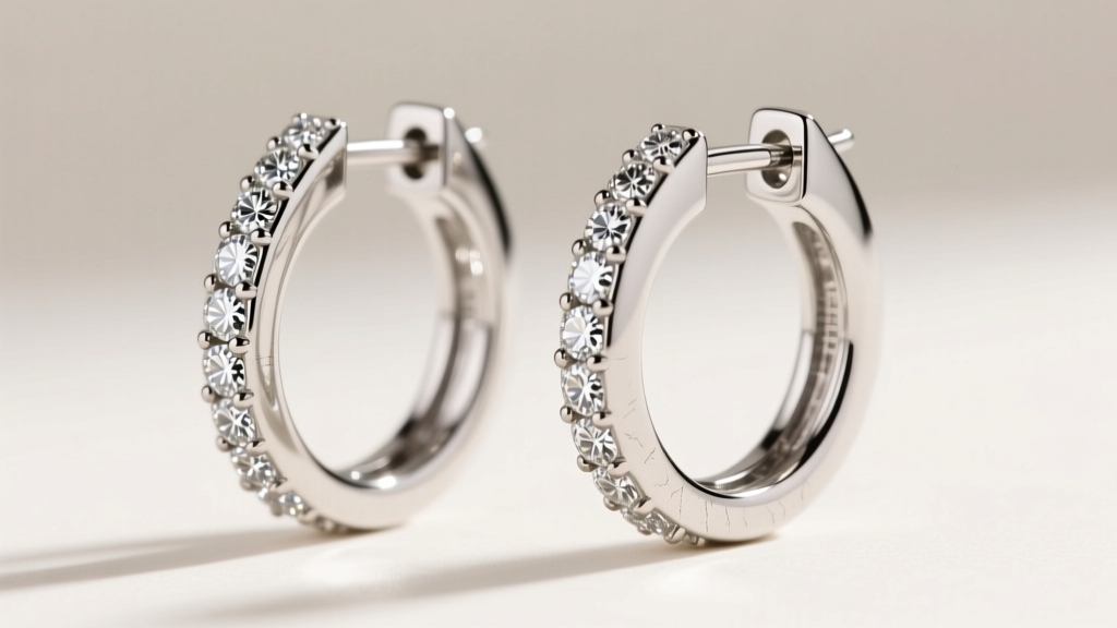 Macro shot of 50mm platinum large hoop diamond earrings in soft light, showing secure pave settings and a sturdy clicker clasp