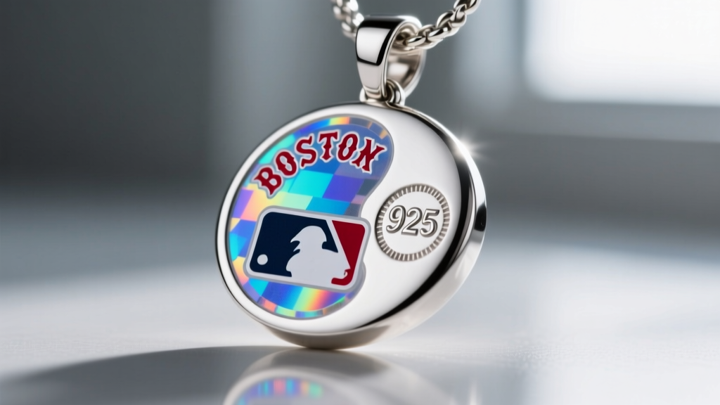 Macro shot of an official MLB hologram sticker and a stamped 925 hallmark on the back of a sterling silver Boston Red Sox pendant