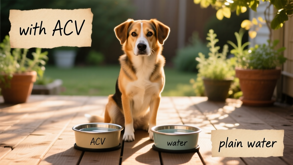 A calm, medium-sized dog sitting beside two water bowls—one labeled 'with ACV' and the other 'plain water'