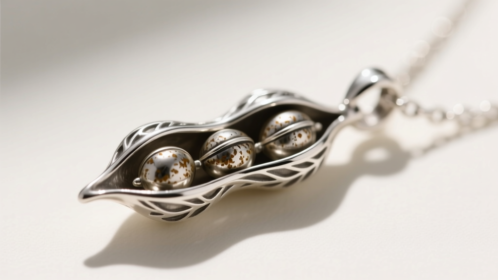Macro photo of a sterling silver botanical peapod necklace pendant, slightly opened to reveal three tiny oxidized silver peas.