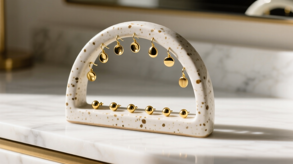 Speckled ceramic handmade earring holder shaped like an arch, displaying 18-gauge gold stud earrings on a white marble vanity.
