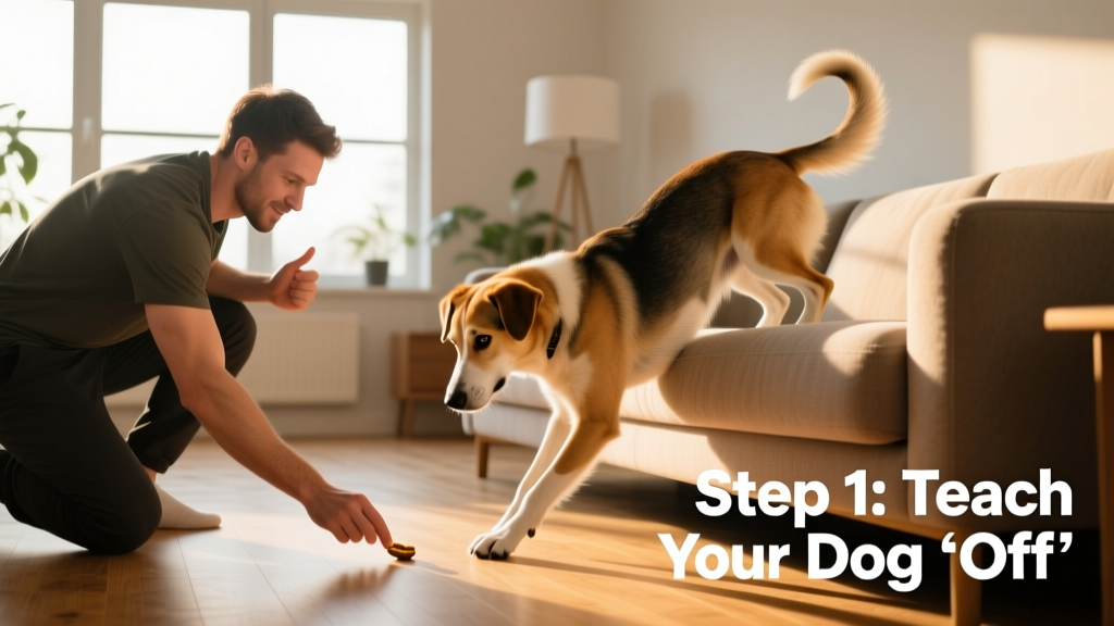 A trainer gently guiding a dog down from a sofa using a treat held low, with the dog focused and mid-motion