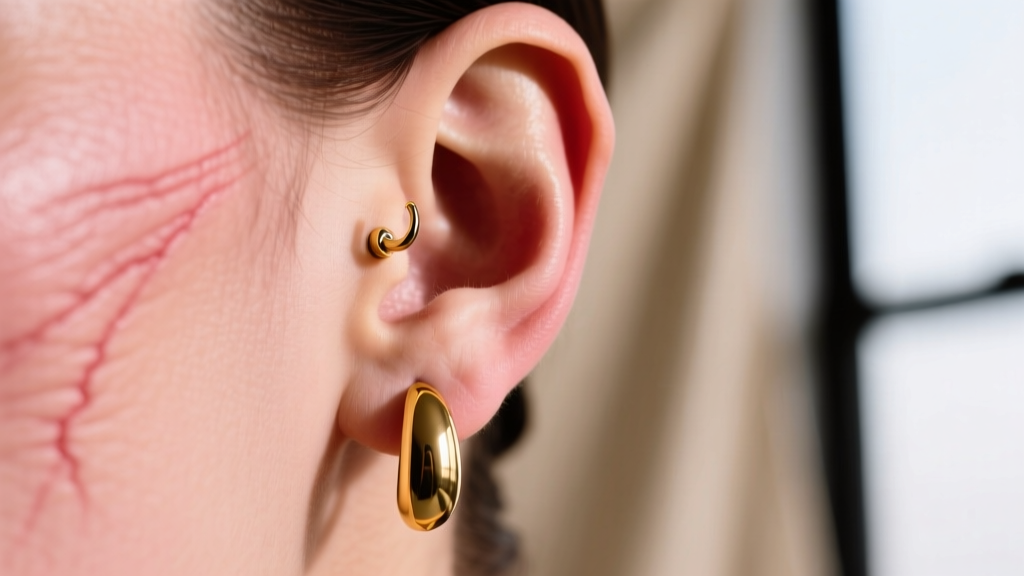 Side profile of a lobe piercing showing the cheese-cutter effect from a heavy 20-gauge gold drop earring pulling on soft tissue