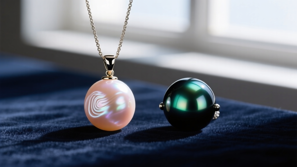 Macro photography comparing a peach freshwater pearl pendant and a dark peacock Tahitian pearl pendant side-by-side on velvet