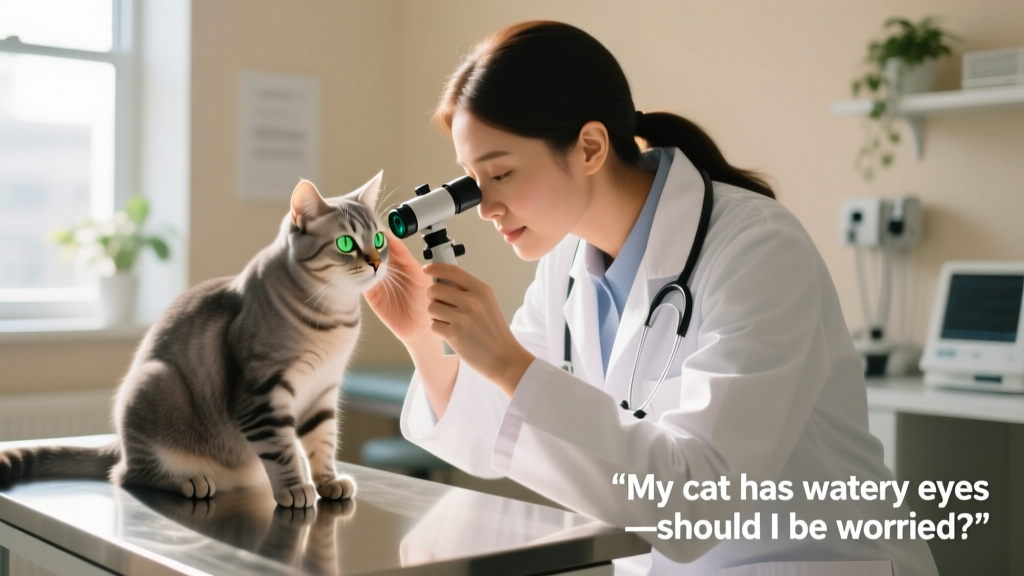 Veterinarian gently examining a cat's eye with an ophthalmoscope during a clinical exam