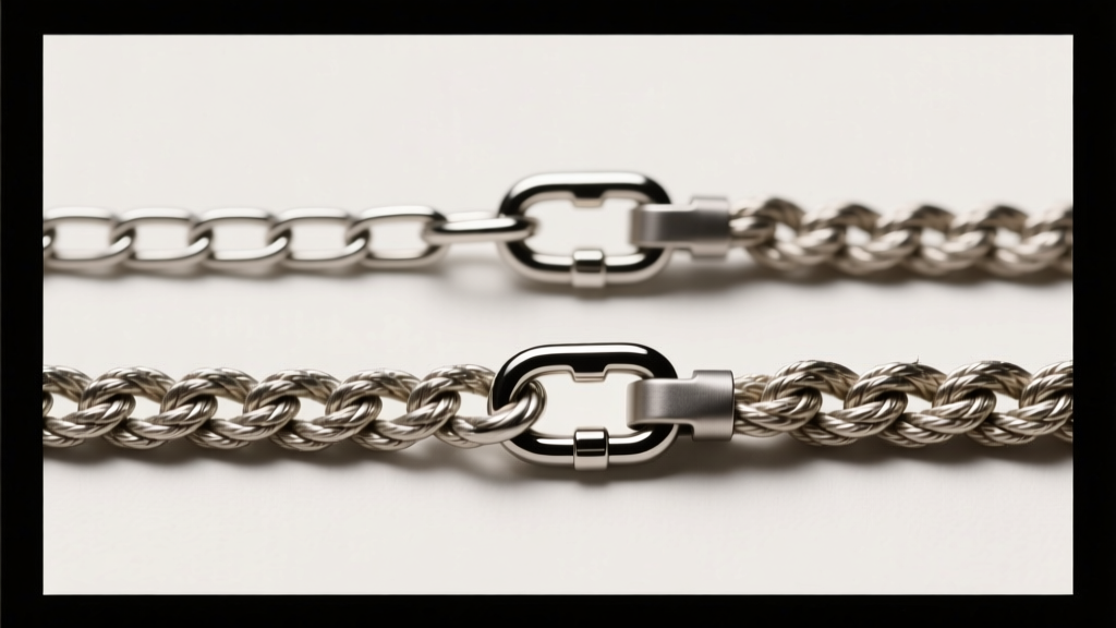 Macro comparison of 1.5mm silver box and 2.5mm rope chains, showing link thickness, texture, and lobster clasp details.