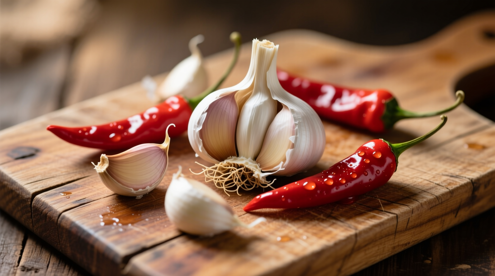Fresh garlic cloves with red chili peppers on wooden cutting board
