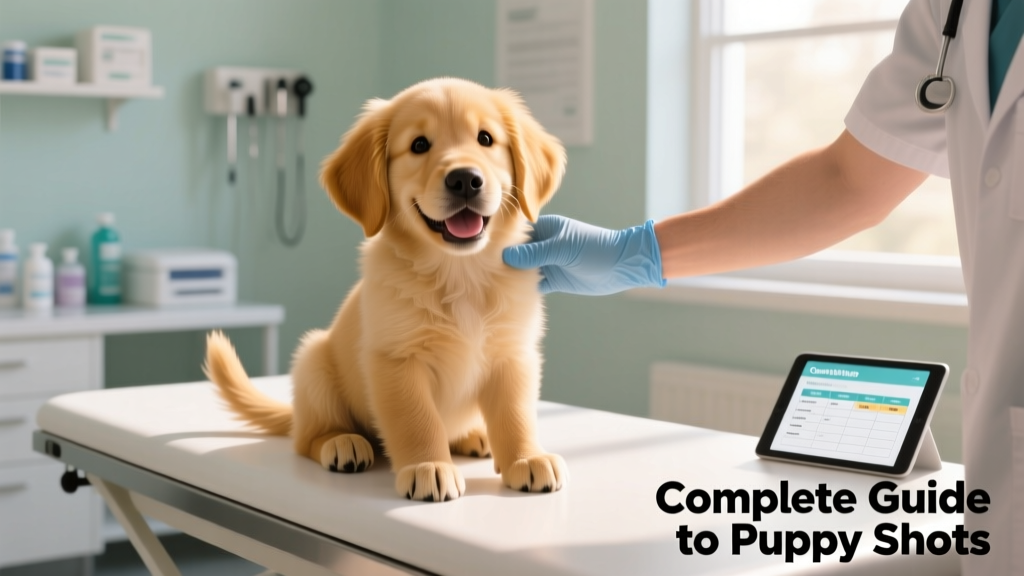 A happy, healthy golden retriever puppy sitting calmly on a veterinary exam table
