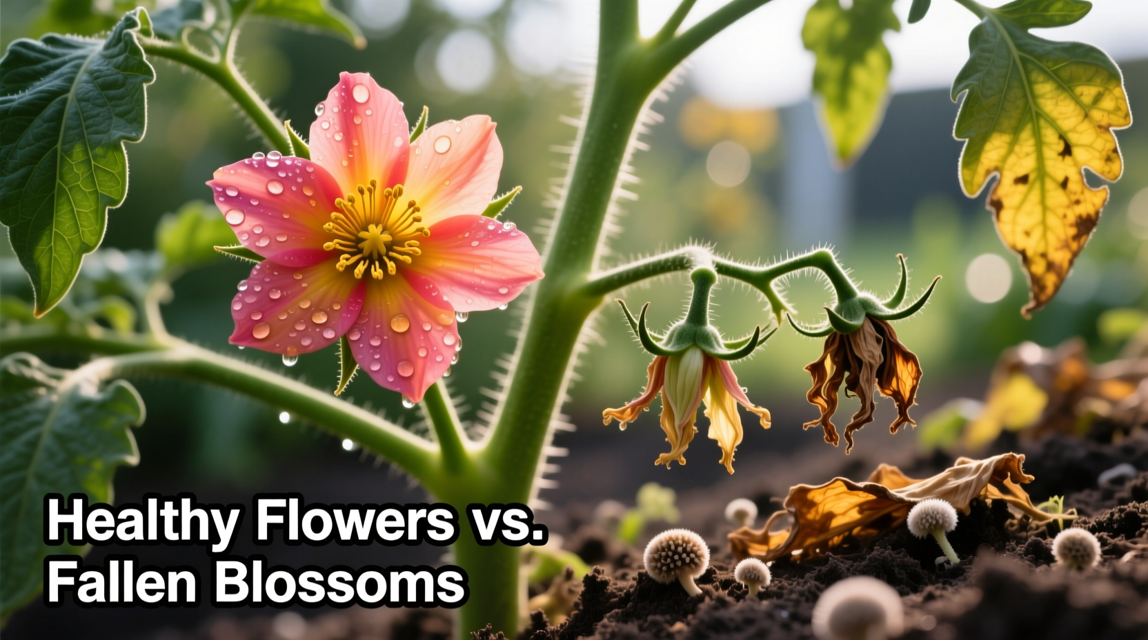 Tomato plant showing healthy flowers versus dropped blossoms