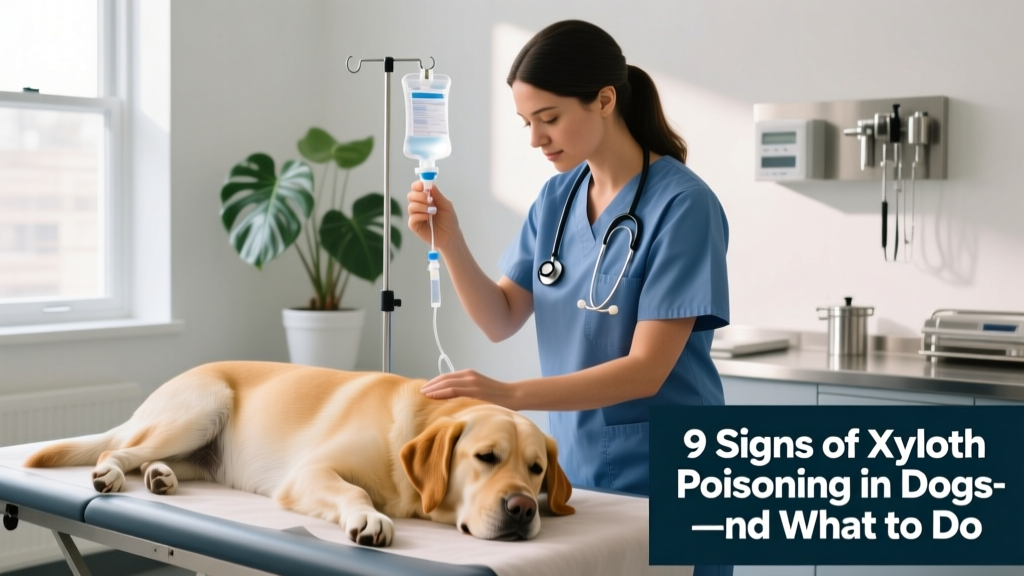 Veterinarian administering IV fluids to a calm dog in a veterinary exam room