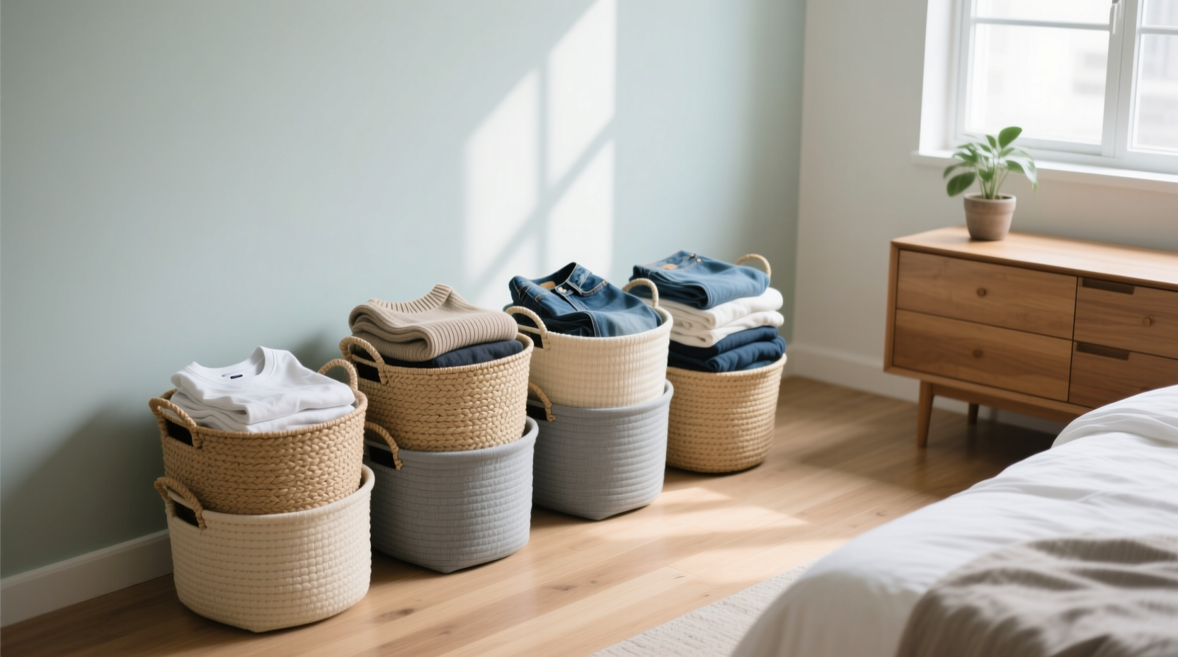 use stackable baskets to keep clothes from piling up on