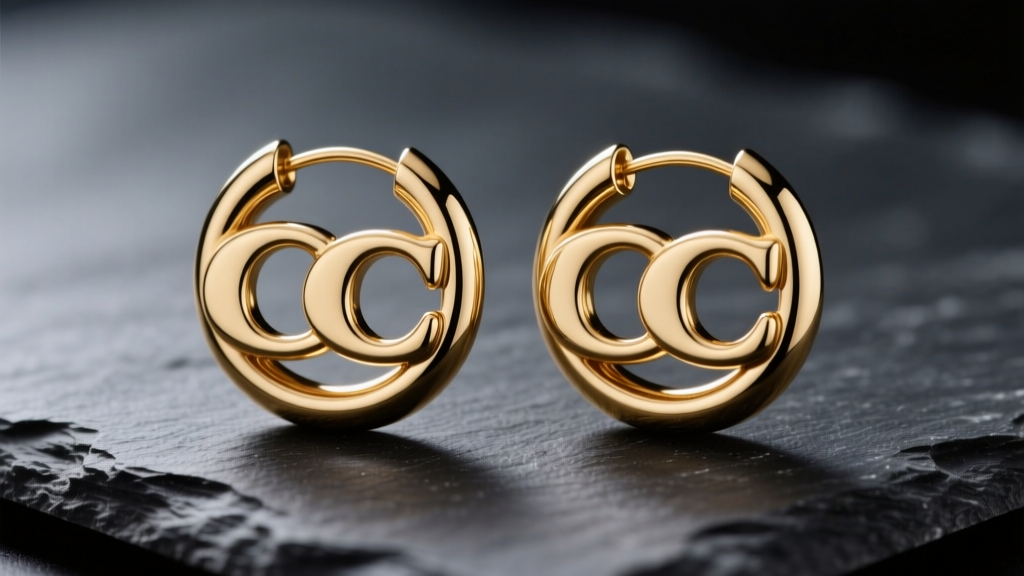 Macro shot of polished gold-tone Coach hoop earrings on dark slate, highlighting the interlocking C logo and bright metal finish.