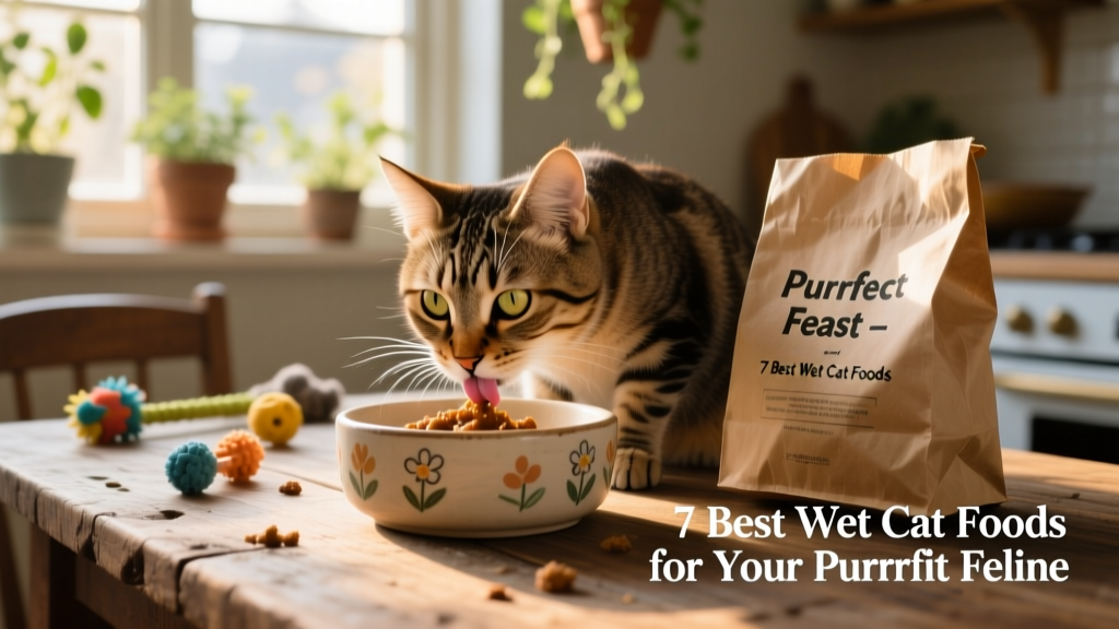 A curious tabby cat delicately licking wet food from a shallow ceramic bowl