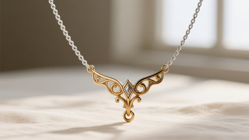 A delicate 1.2mm sterling silver rope chain threaded through the bail of a detailed brass Galadriel necklace replica, softly lit.