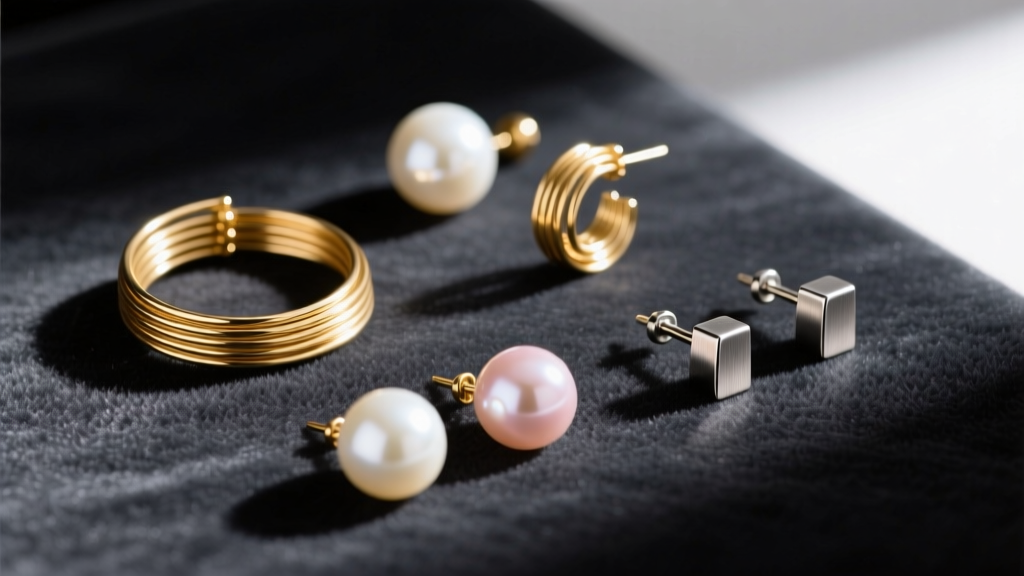 Flat lay of premium DIY earring components including 14k gold-filled wire, freshwater pearls, and titanium posts on dark velvet