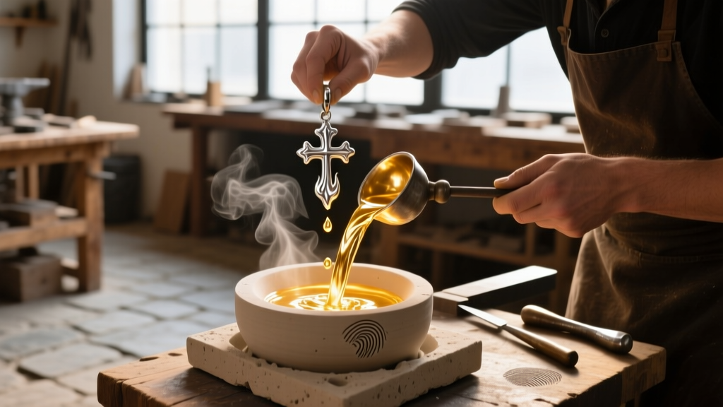 Jeweler casting a silver cross and flame pendant using lost-wax method, molten metal pouring into a ceramic mold in a workshop