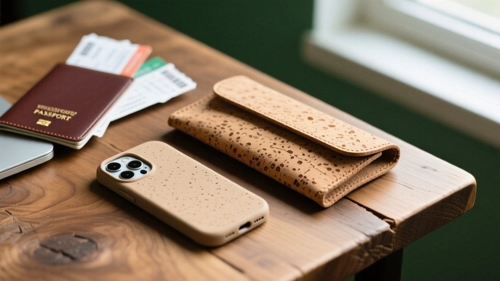 Close-up of a compostable plant-based smartphone case and a cork laptop sleeve resting on a wooden table next to a passport and tickets