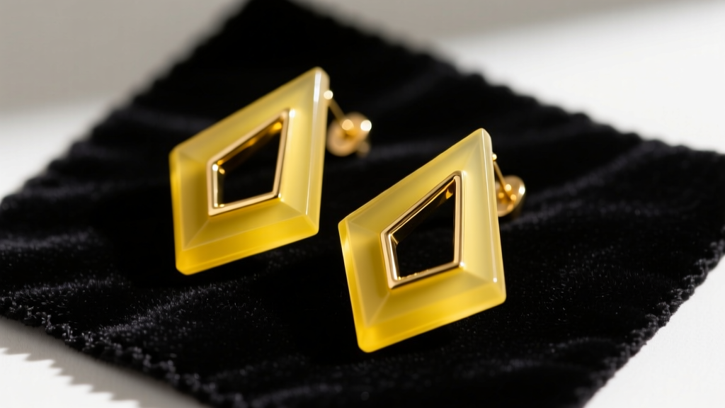 Close-up of vintage 1960s geometric Mod earrings made of yellow Lucite and gold-tone metal resting on a dark velvet cleaning mat.