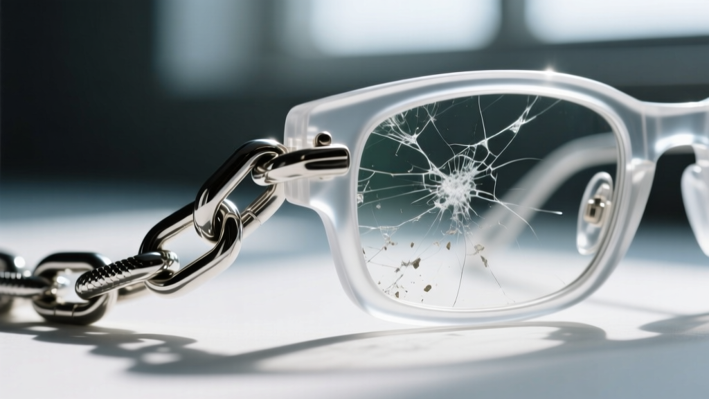 Macro close-up of a polished surgical steel snake chain next to a scratched polycarbonate eyeglass lens showing surface abrasions.