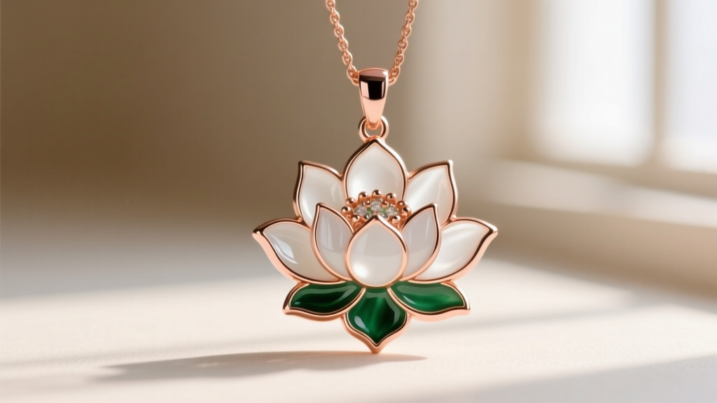 Macro shot of a vitreous enamel rose gold lotus pendant, highlighting the glossy glass finish and precise metal cloisonne walls.