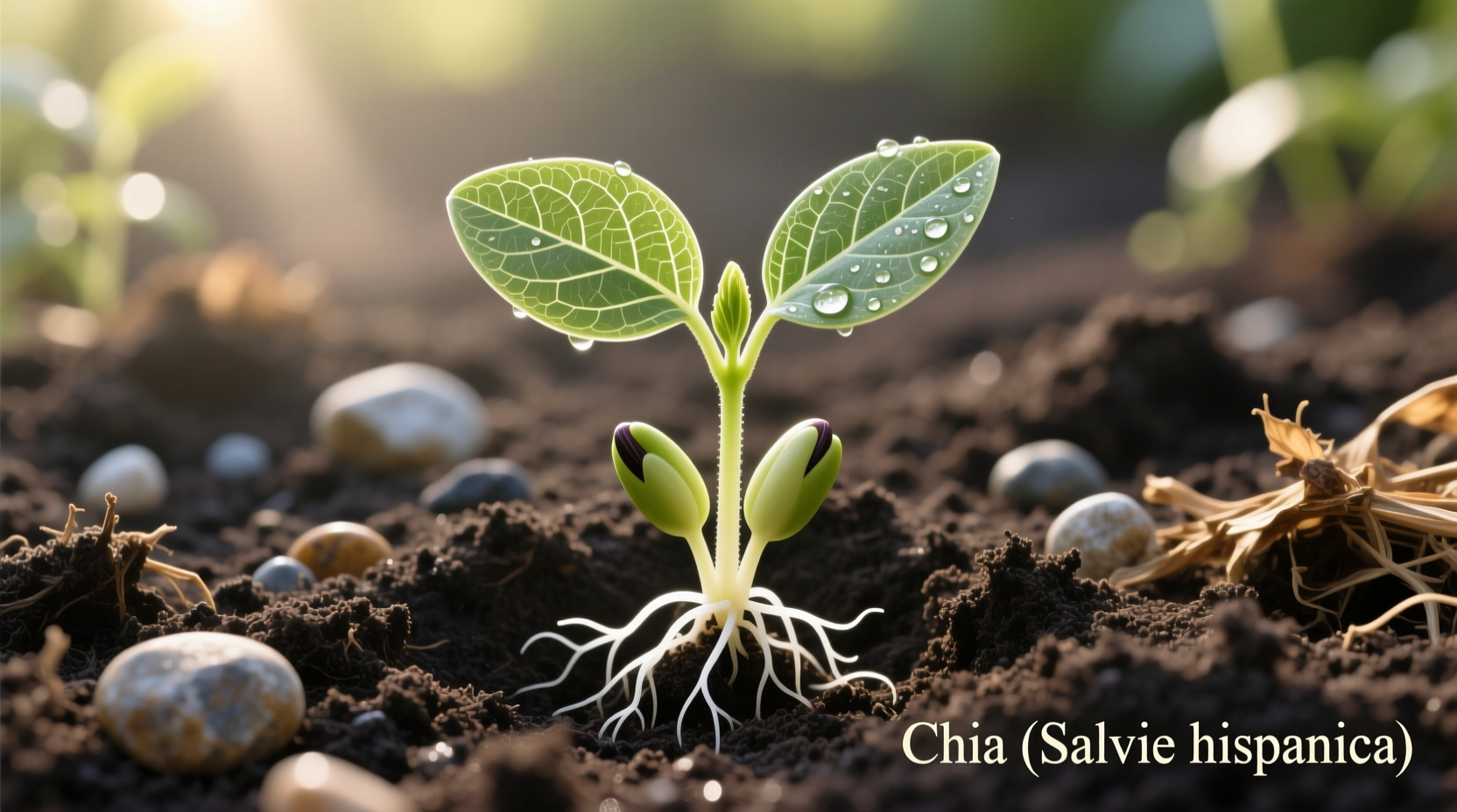 Chia seedlings growing in garden soil