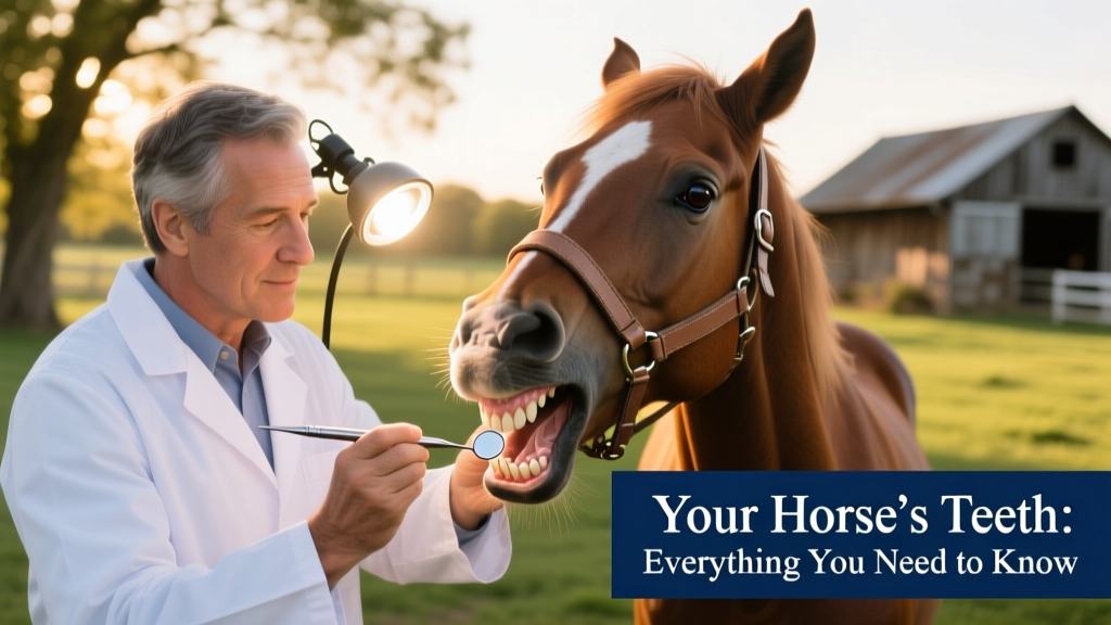 Veterinarian performing a routine dental exam on a standing horse, using specialized tools and a headlamp