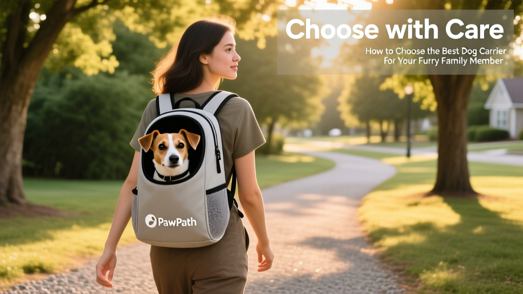 A person wearing a lightweight, ergonomic dog carrier backpack with a relaxed small dog peeking out from the front mesh panel, walking along a tree-lined path