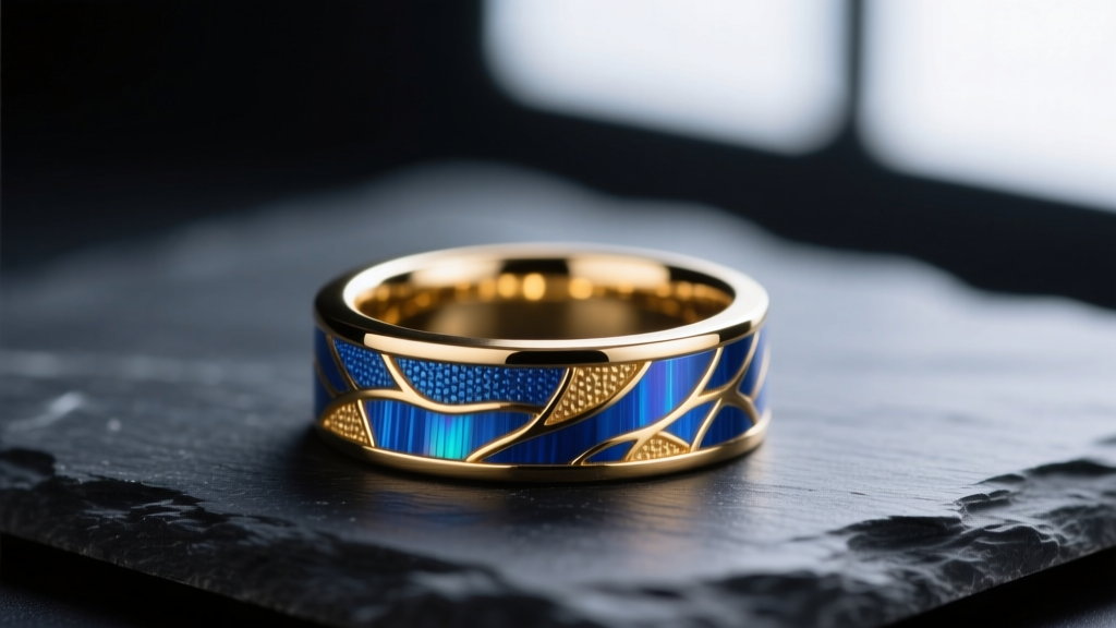 Close-up of a blue gold alloy inlay ring on dark slate, soft lighting highlighting the metallic blue hue and polished edges.